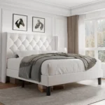 Queen Velvet Platform Bed Button Tufted Upholstered Frame Wooden Slats 8" Underbed Storage No Box Spring Noise Free Easy Assembl