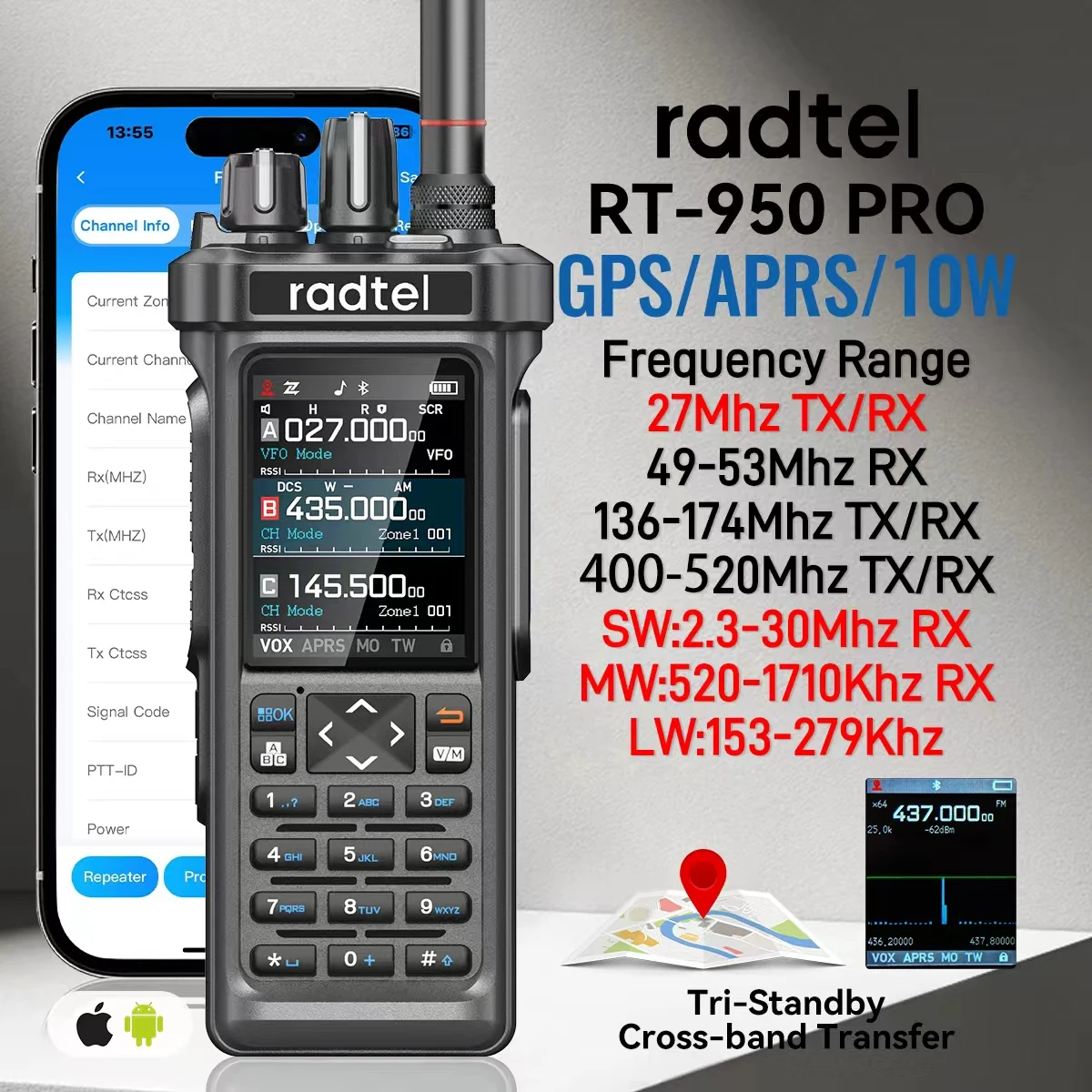 A822727c08c244d82aead521e1472a214x.webp Radtel RT-950 PRO Walkie Talkie AM/FM/CB/LSB/USB/CW Receiver with GPS APRS 10W Bluetooth Phone Programming Ham Radio RT-950PRO – Image 1