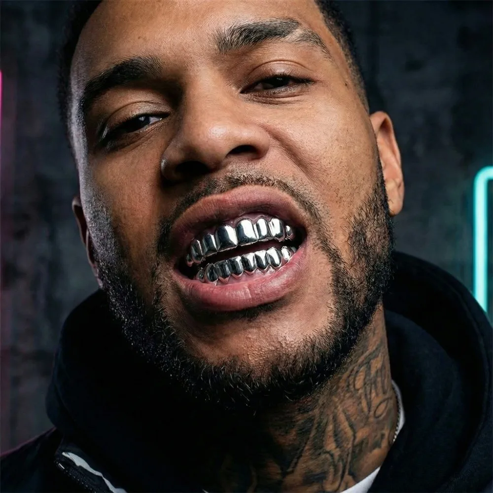 S5c8dc0773ef7472494169b29d2f3ddfdV.webp Glossy Finish Teeth Grillz Top Bottom Set Anti Slip Eco-friendly Copper Teeth Grillz Caps Gold Silver Teeth Jewelry Events – Image 1