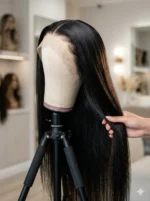Perruque cheveux humains lisses, 250–300 % de densité, 30–40 pouces, lace HD 13×6, noire