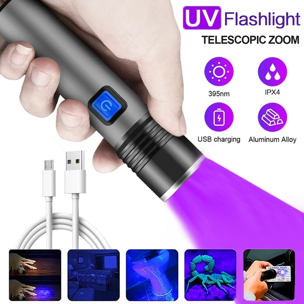 S8fbb81bc37634990896a29ac903cea8fs.webp USB Rechargeable 365nm UV Flashlight Aluminum Portable Ultraviolet Light Torch Black Light Pet Urine Detector Black Flashlights – Image 1