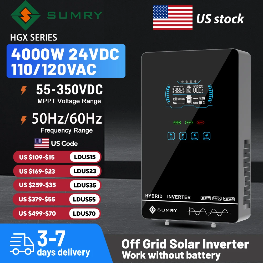 S76217d7a0cf3401d8866af2c6b940504S.webp Sumry 4KW 120V Off Grid Solar Inverter 24V 140A 5600W MPPT Charger Pure Sine Wave Home Inverter 6.25 Inch LCD Display – Image 1